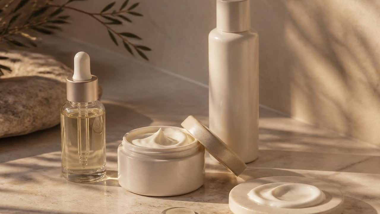 A serum dropper bottle, cream jar and cleanser catching moving light