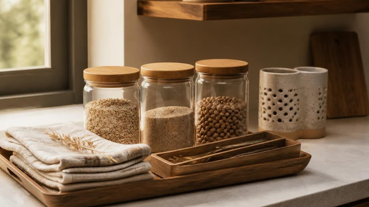 A wooden tray, glass jars, folded towels and a drawer organiser in order