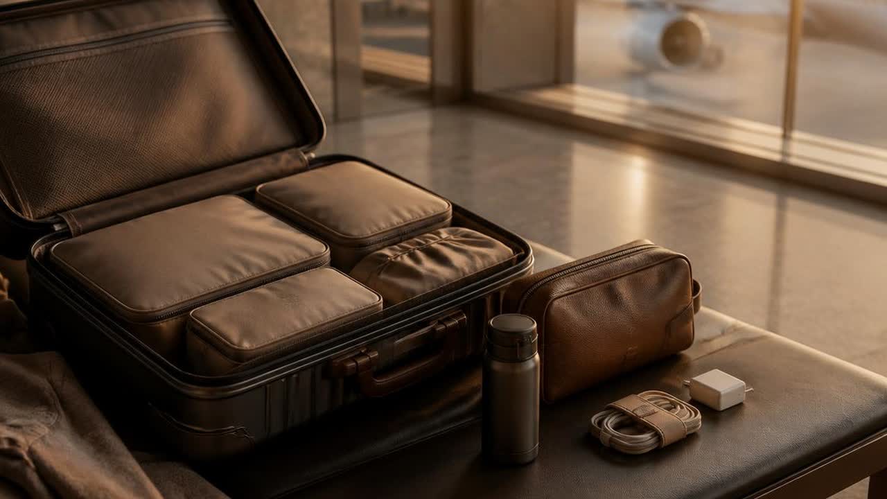 An open carry-on with packing cubes, pouch, bottle and charger
