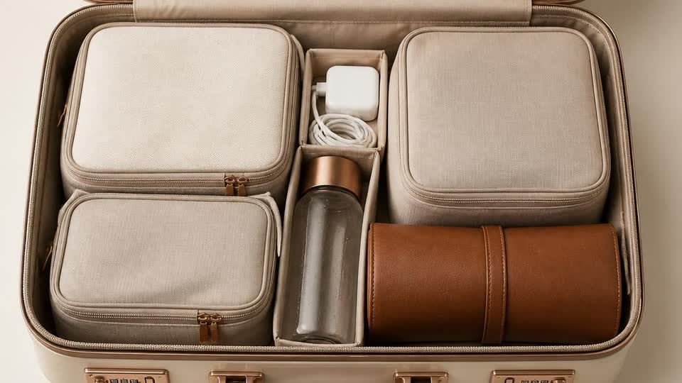 An open carry-on suitcase packed with fabric cubes, a rolled leather pouch, a charger and a bottle