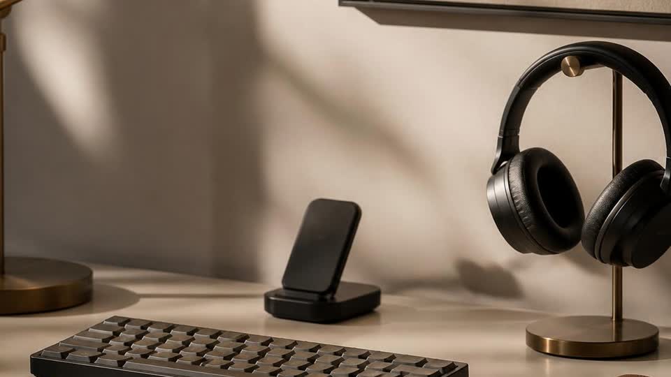 A tidy desk with a brass lamp, low-profile keyboard, charging dock, headphones and a leather cable roll