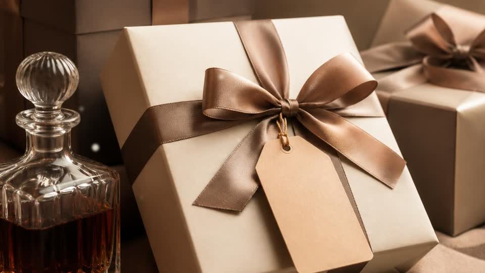 Gift boxes wrapped in ivory paper with bronze ribbon, a blank tag and a glass decanter