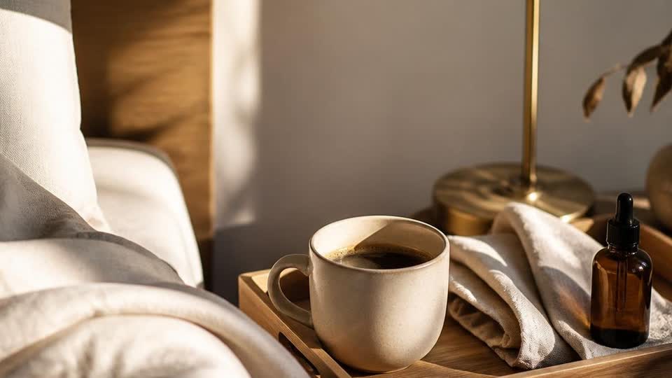 A wooden bedside tray at sunrise with a ceramic mug, folded linen, an amber dropper bottle and a brass lamp