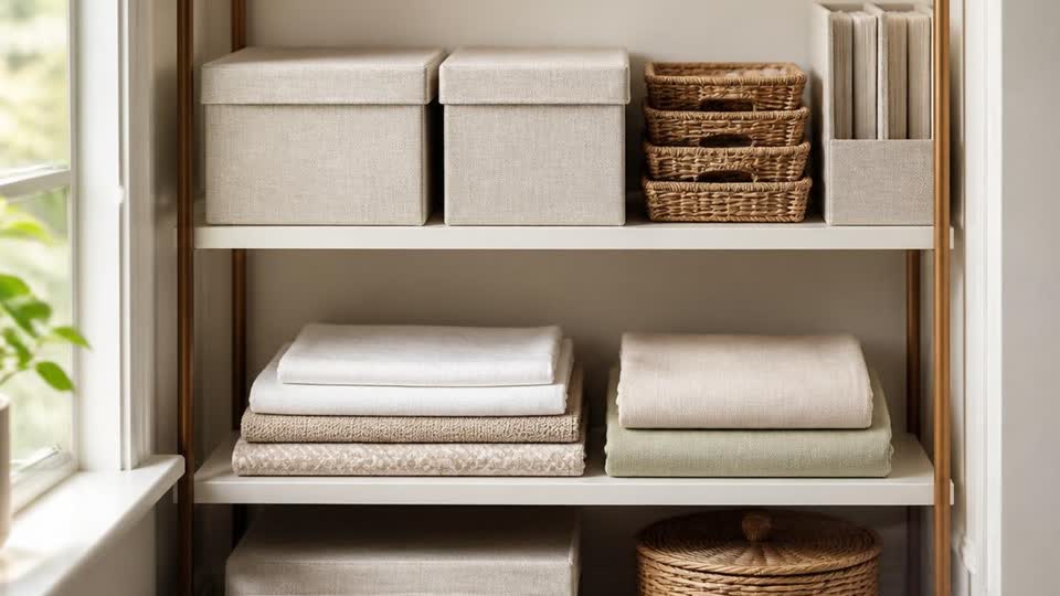 A compact shelf of linen storage boxes, woven trays and neatly folded textiles